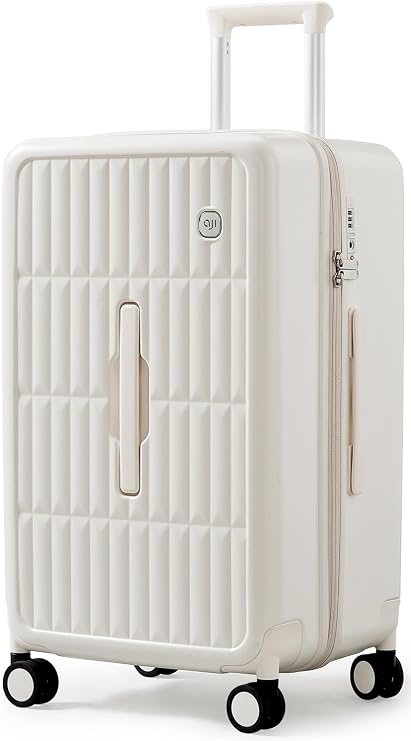 70/30 Split Open 24 Inch Checked Luggage with Spinner Wheels,Travel Suitcase with Adjustable Velcro for Flexible Large Capacity,Hardside Suitcase for Men Women, for 12+Days Travel,Coconut White