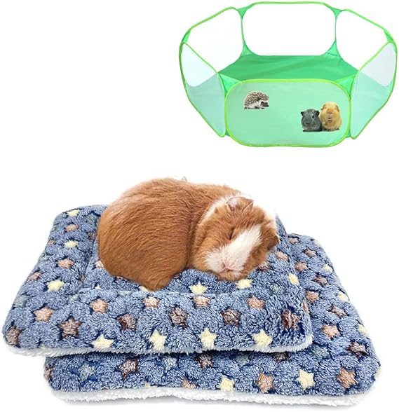 Amakunft 2 Packs of Square Plush Guinea Pig Bed and 1 Small Animals Playpen, Cozy Hamsters Sugar Glider Hedgehog Sleep Bed, Rabbit Cage Accessories Mat