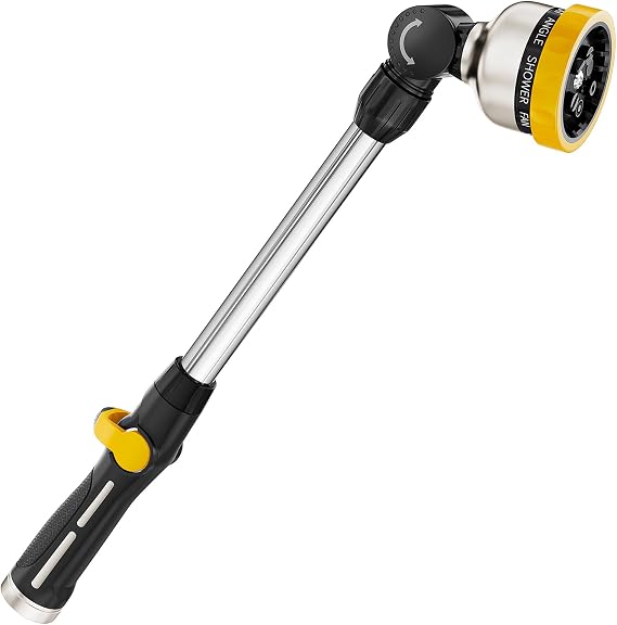 FANHAO 16-Inch Metal Watering Wand, Heavy Duty Garden Hose Wand with 9 Spray Patterns, 180 Rotating Long Hose Nozzle Sprayer Thumb Flow Control, Ideal to Water Hanging Baskets and Shrubs - Yellow