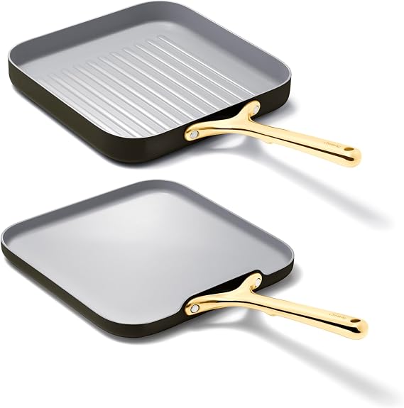 Caraway Griddle Pan & Grill Pan Duo - Non-Stick Ceramic Coated - Non Toxic, PTFE & PFOA Free - Oven Safe & Compatible with All Stovetops Black
