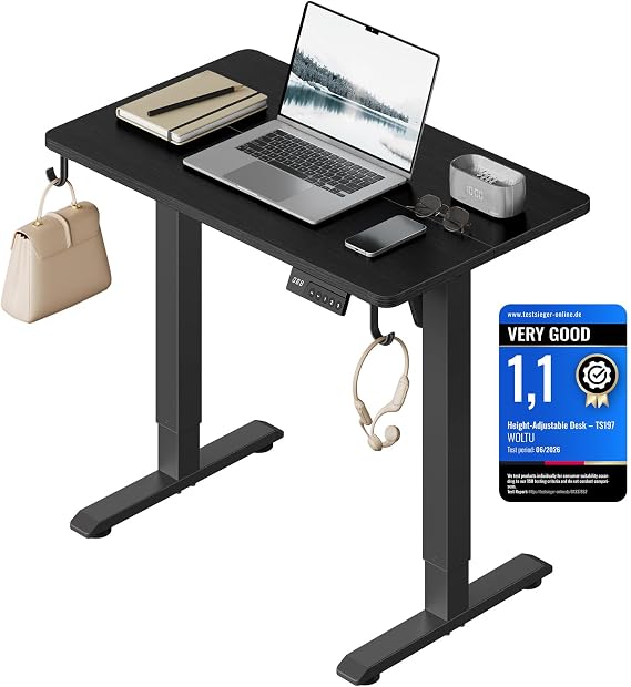 WOLTU Electric Standing Desk, Sit Stand Height Adjustable Desk, Small 80 x 48 cm, 3 Memory Settings, 80 kg Load Capacity, 2 Hooks for Home Office, Black