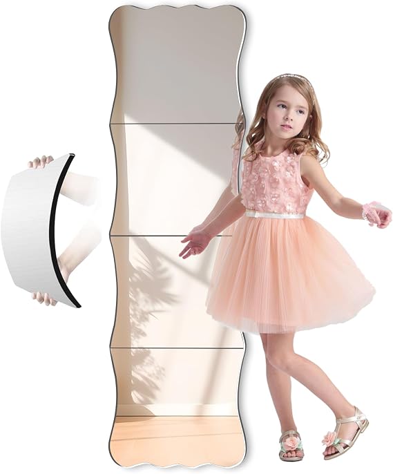Wavy Shatterproof Full Length Wall Mirror Tiles, 47" x 14" (4 Pack 14" x 12"), Unbreakable Acrylic Safety Body Mirror for Kids, Baby, Toddler, Playroom, Dorm, Door & Gym, Frameless Non-Glass
