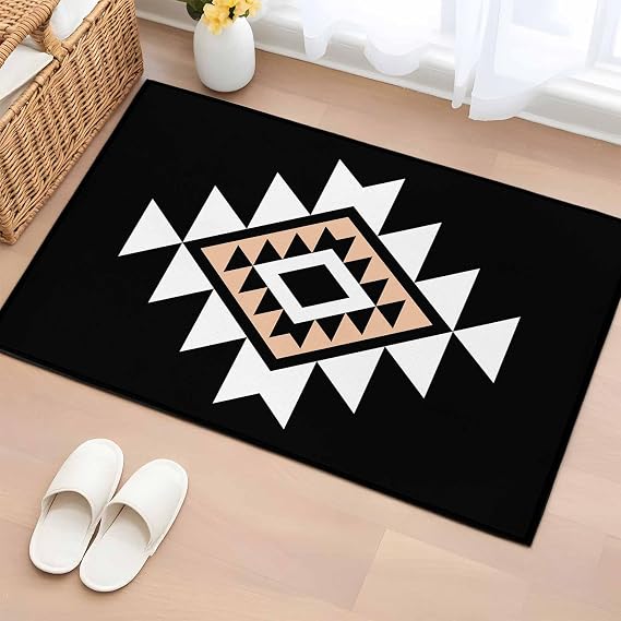 Black White Beige Boho Bathroom Rug Washable 2x3 Entryway Rug Non Slip Western Geometric Aesthetic Front Door Mat Low Pile Indoor Doormat Throw Floor Carpet for Kitchen Bedroom Entrance