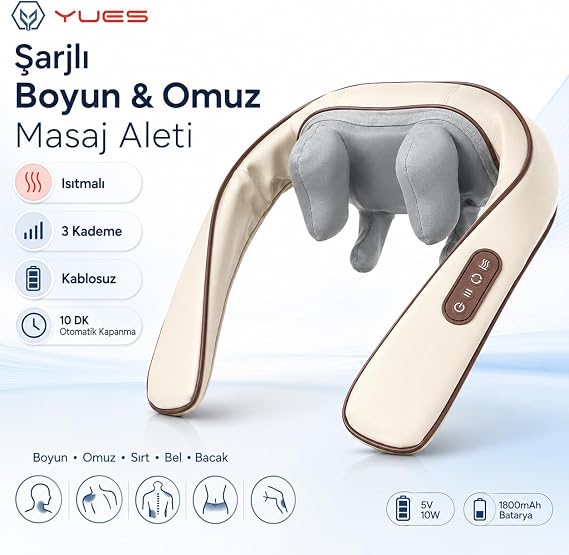 YUES Şarjlı Boyun Omuz Masaj Aleti, Isıtmalı Kablosuz 4D Masaj Cihazı, 3 Kademe Masaj Seçeneği, 1800 mAh Batarya, Sırt Bel Bacak Kullanımına Uygun
