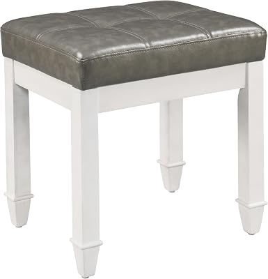 Vanity Stool Bench with Faux Leather Upholstered , Makeup Dressing Bench with Solid Wood Leg, Piano Bench Stools, Child Stool,18.5L x 14.2W x 18.5H Stools, White Leg & Dark Gray Surface FD2405PGY