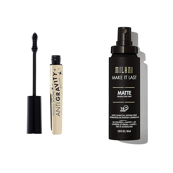Milani Make it Last Charcoal Matte Setting Spray & Milani Highly Rated Anti-Gravity Black Mascara with Castor Oil and Molded Hourglass Shaped Brush