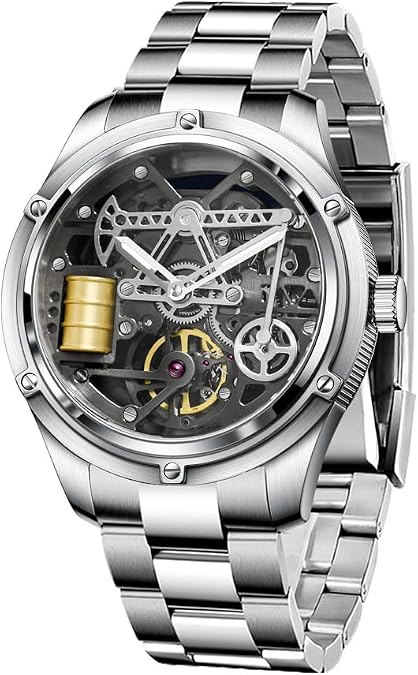 Men's Automatic Skeleton Watch - Miyota 8215 Movement, Stainless Steel Strap, Luminous,Oil Well Dial, 50M Waterproof, Self-Winding Mechanical Business Watch for Men, Casual Professional Wear,Ideal Gift