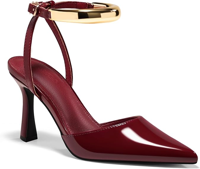 Coutgo Womens Strappy High Heels Closed Pointed Toe Pumps Ankle Strap Metal Party Dress Shoes