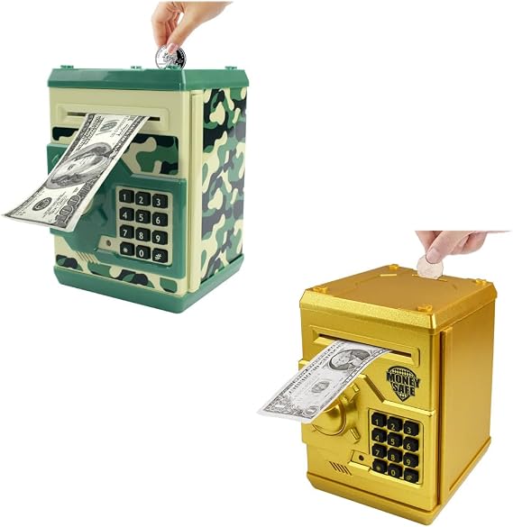 Piggy Bank Electronic Mini ATM for Kids Baby Toy, Safe Coin Banks Money Saving Box Password Code Lock for Children,Boys Girls Best Gift (Gold + Green Camo)