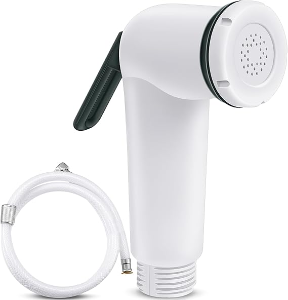 Wenqik Handheld Bidet Sprayer with Trigger, 1/2 in Hose for RV Water Outlet, White | Plastic handheld sprayer with on/off trigger, designed for RV water outlets and bidet attachment replacement use.