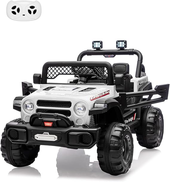 12V Kids Electric Ride on Truck Car, Electric Vehicles Car Ride on Toy Truck for Toddlers w/Remote Control, 2x35W Motors, LED Headlights, Music Player & Horn, Soft Start, Low Battery Prompt-White