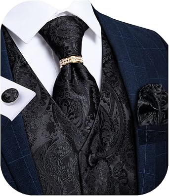 DiBanGu Mens Vest and Tie Set with Necktie and Tie Ring | V-Neck, Regualr Fit, Paisley Pattern, Wrinkle-free Silk Blend, Jacquard Woven, 2000 Stitches, Heavyweight, For Wedding Party