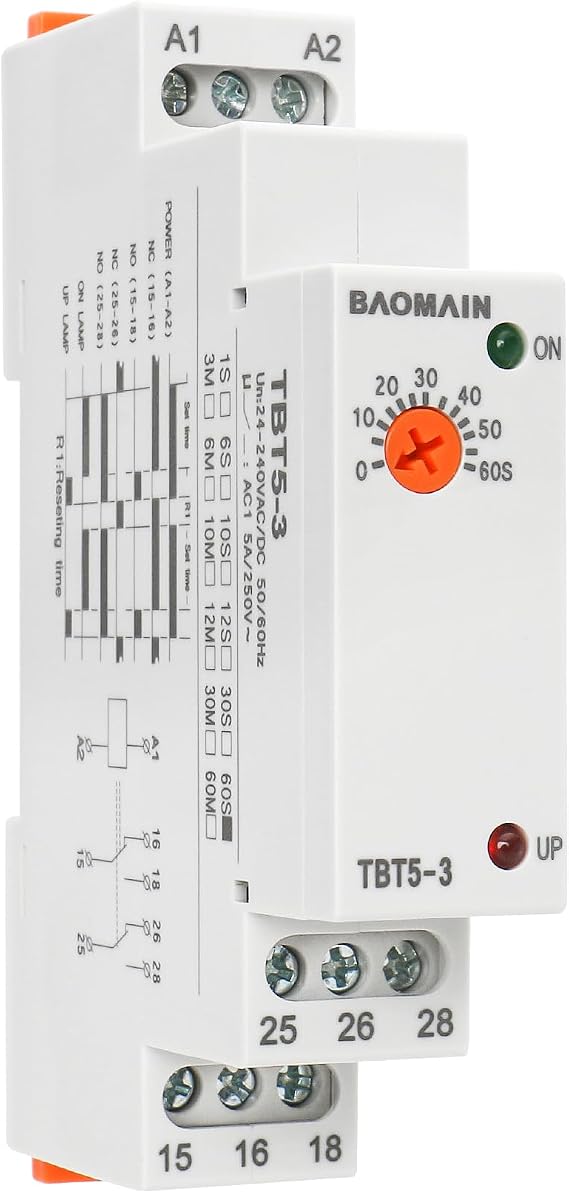 BAOMAIN Dual-Output ON-Delay Time Relay 5A 24-240VAC/DC Inst.+Delay TBT5-3