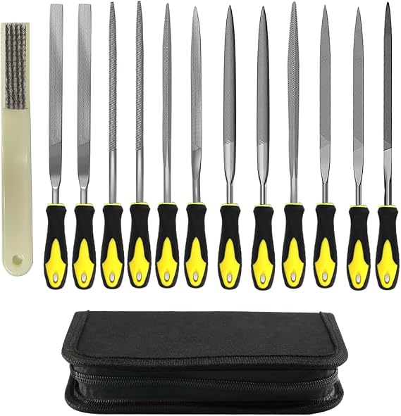 Needle File Set(13pcs), Small Metal File Set with Handle for Wood and Steel, Carbon Steel File Set Including Flat File & Squared File & Round File & Half Round File & Triangular File & a Brush