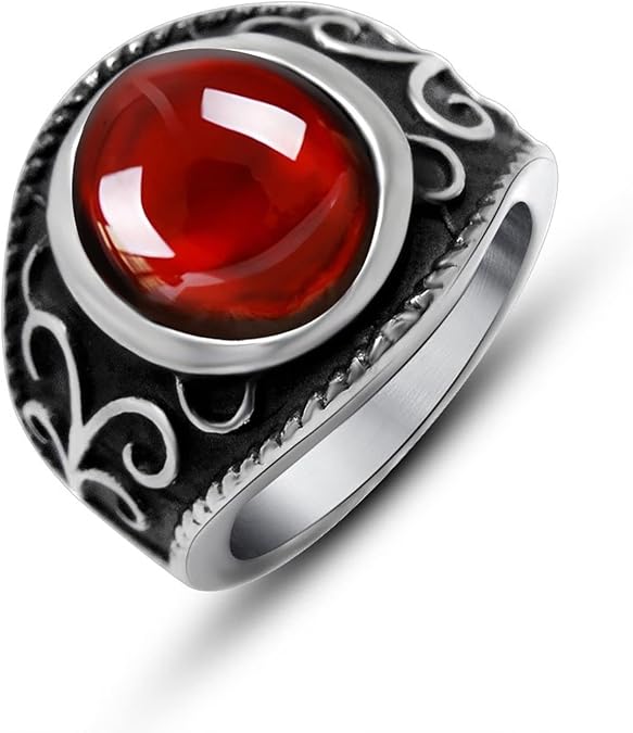 Stainless Steel Men Rings, Titanium Stainless Steel Vintage Garnet Ring with Red Cubic Zirconia