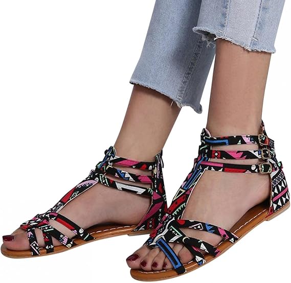 ZBYY Flat Sandals for Women Summer Gladiator Strap Flat Sandal Open Toe Slip On Casual Buckle Ankle Strap Beach Sandals