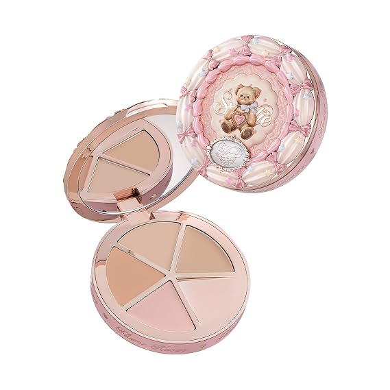 Flower Knows The Sweetie Bear 4-Color Concealer Palette with Mixing Plate | Color Corrector, Contour & Highlight, Buildable Coverage for Fair to Light Cool-Toned Skin (01 Strawberry Chocolate)
