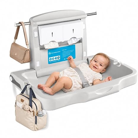 Baby Changing Station Wall Mounted: Horizontal Diaper Changing Table Foldable Diaper Tables with Safety Strap, ADA Complaint for Commercial Bathroom/Nursery/Public Restroom