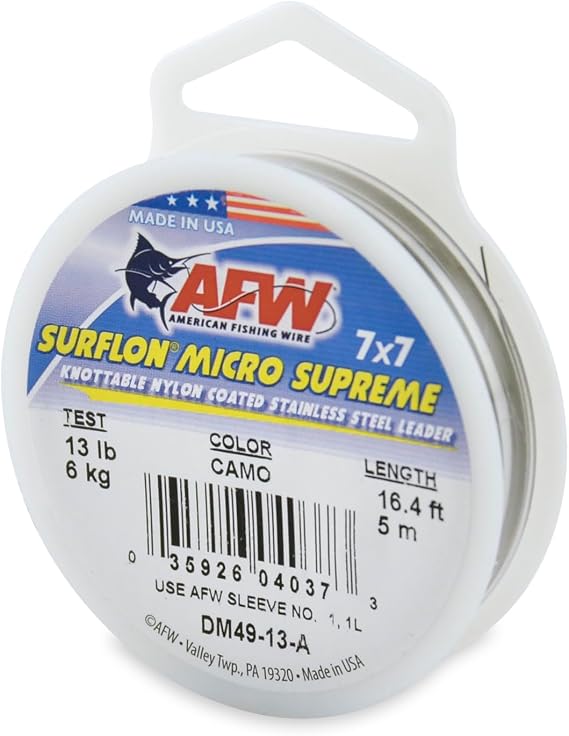 AFW Surflon Micro Supreme Nylon Coated 7x7 Fishing Wire Leader,13lb- 90lb | Stainless Steel, Knottable Wire Leaders for Fishing Saltwater, Fly Fishing, 13lb-90lb, Bright, Black & Camo Colors-49 Strands