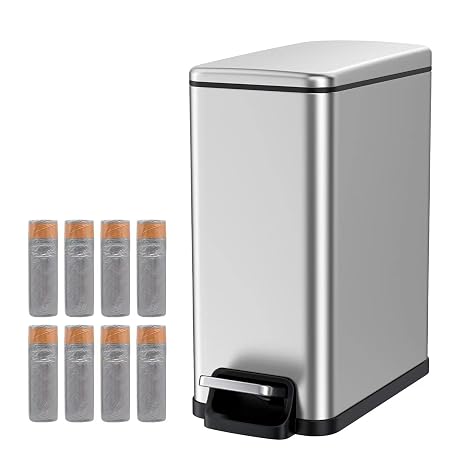BETHEBEST Small Bathroom Trash Can with Lid,2.6 Gallon Rectangular Satinless Steel Garbage Can Removable Wastebasket for Bedroom,Bathroom,Silver (with 120 Count Garbage Bag)