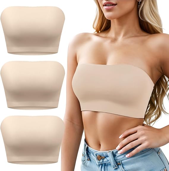 Strapless Seamless Bandeau Bralette Wireless Tube Top Bra, 3 Pieces