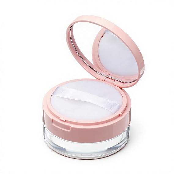Pink Loose Powder Container, 20 ml(0.67 oz) Reusable No Leaks Empty Loose Powder Compact Case with Sponge Puff, Mirror, Elasticated Net Sifter Plastic DIY Makeup Powders Container