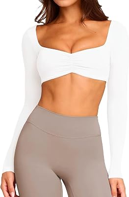 TZLDN Long Sleeve Workout Tops for Women Crop Tops with Built in Bra Padded Square Neck Yoga Athletic Gym Shirts Low Impact