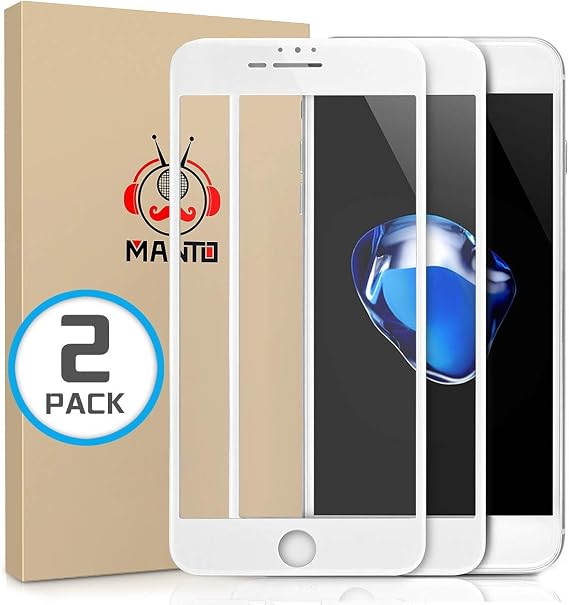 MANTO Screen Protector for iPhone 8 Plus, iPhone 7 Plus, iPhone 6S Plus, iPhone 6 Plus 5.5 Inch Full Coverage Tempered Glass Film Edge to Edge Protection 2-Pack, White