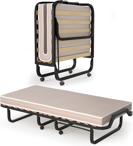 Foldable Single Bed, Cot Size Portable Bed with 4 Memory Foam Mattress & Wheels, Rollaway Guest Bed w/Steel Frame & Wooden Slats, Made in Italy, Sleeping Folding Cot Bed for Adults