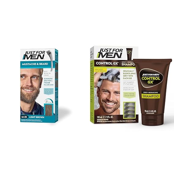 Just For Men Mustache & Beard, Beard Dye for Men with Brush Included for Easy Application & Control GX Grey Reducing Shampoo, Gradual Hair Color for Stronger and Healthier Hair