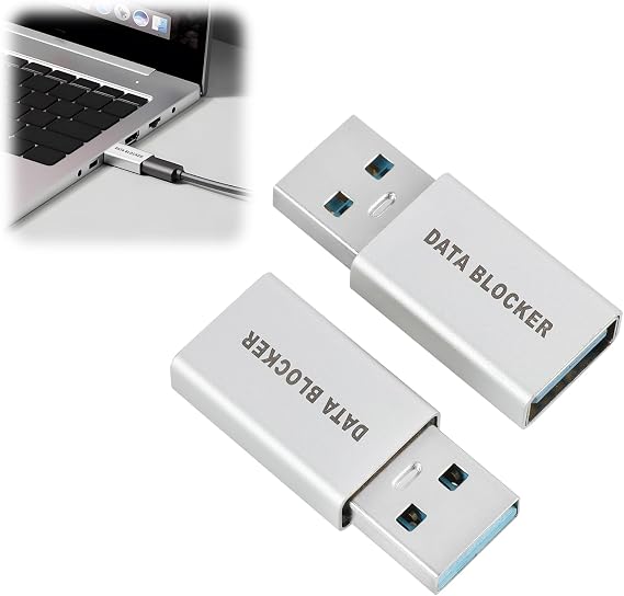 USB Data Blocker with Secure Charging, Usb A to A, Compact and Portable Data Blocking Adapter, Protection Against Data Theft for Safe Charging in Public Places, Silver 2PCS