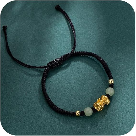 14k Gold Hetian Jade PI Xiu Bracelet Feng Shui Harmony Buckle, Lucky Jade Bracelet for Ladies, Black Rope Bracelet Chinese Style Jade Bracelet for Women