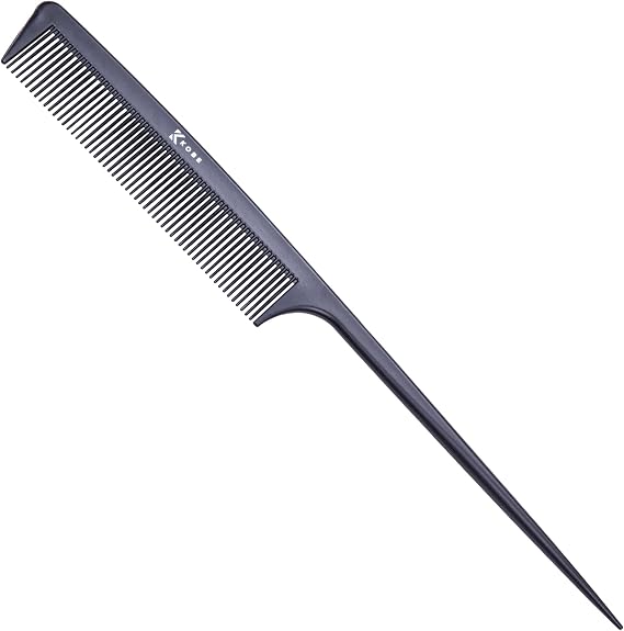 Kobe Professional Carbon Fibre Tail Comb, 22.7 cm Fine Tooth Styling Comb with Sectioning Tail for Backcombing, Weaving and Perming, Anti-Static, Black