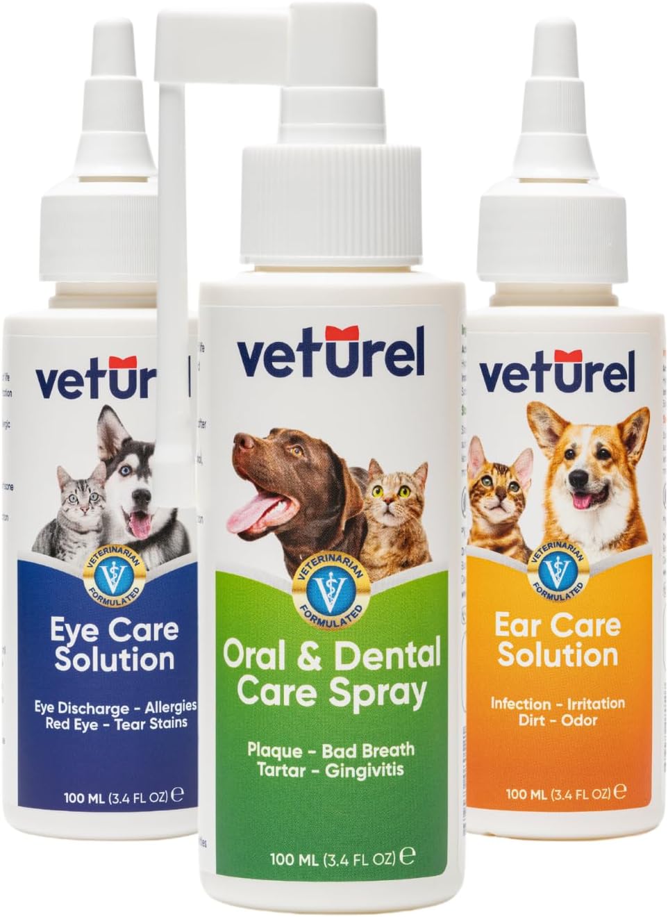 Veturel Kedi Köpek Göz Ağız Kulak Uyuzu Enfeksiyon Gözyaşı Lekesi Plak Koku Giderici Bakım Seti 3x100ml