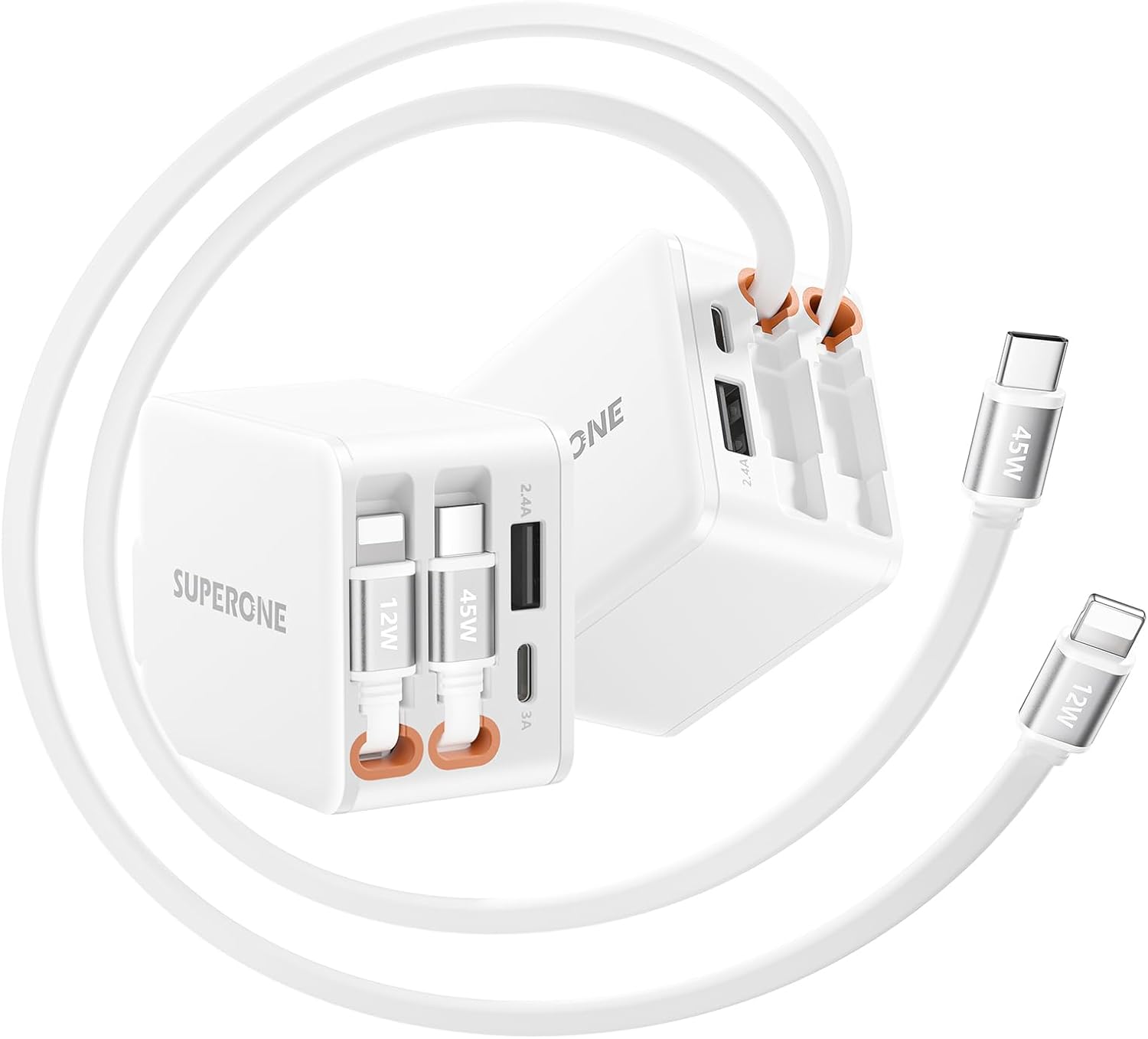 SUPERONE 84W Retractable Charger with Dual Cables, 45W PD Fast Charging Retractable Wall Charger, Retractable Phone Charger Wall Plug for iPhone 17 16 15 14 13 12 11, Samsung, MacBook, iPad, Pixel