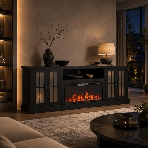 86 Inch Fireplace TV Stand with Storage Cabinets, Farmhouse Entertainment Center with Adjustable Flame Colors, LED Ambient Lighting, 1500W Heater, Thermostat and Remote Control Black