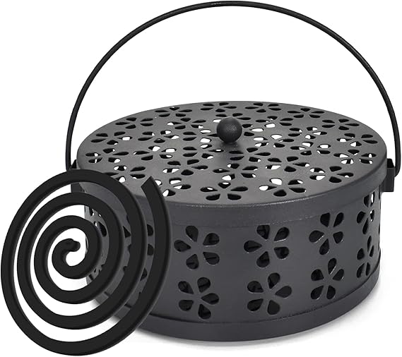 Mosquito Coil Holder Black, Metal Incense Burner with Handle and Lid,Incense Holder Portable for Home, Garden,Camping, Travel and Fishing (Black)