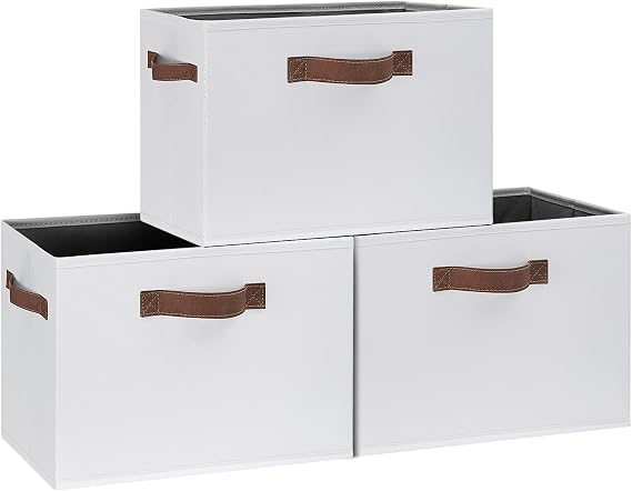 GhvyenntteS Large Fabric Storage Bins with 3 Handles, 15x11x9.6 Inch Storage Baskets for Shelves, Foldable Closet Storage Bins for Shelves, Closet Organizers and Storage Boxes, White