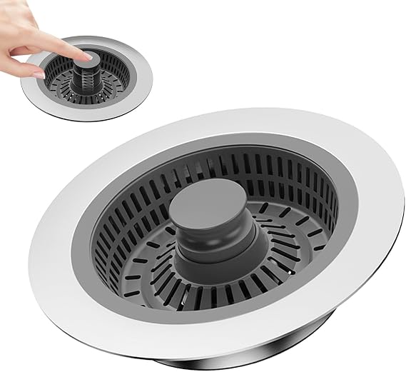 3 in 1 Kitchen Sink Drain Strainer & Sink Stopper, Anti-Clogging Sink Food Catcher Basket, Anti-Clog & Odor-Proof Drain Filter, Fits 3-1/2 Inch Sink Drain Holes (Silver-1Pack)