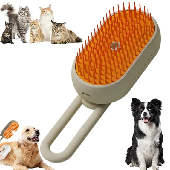 Pet Steam Groomer Brush, 2025 New 3 in 1 Cat Steam Brush for Massaging and Cleaning Shedding Hair, Pet Steamy Brushes Multifunctional Hair Removal Comb for Cats Dogs (Khaki, long-haired pet)