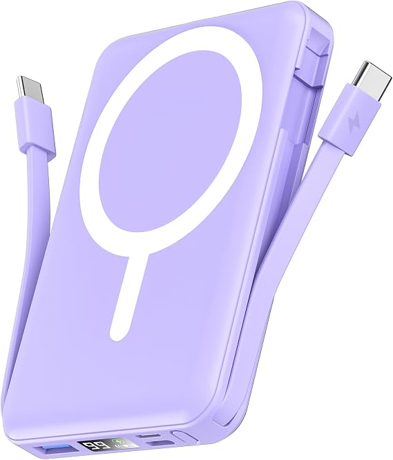 podoru for Magsafe Battery Pack, 10000mAh Magnetic Power Bank Built-in Double USB C Cables 20W PD Fast Charging LED Display Wireless Portable Charger for iPhone 17/16/15/14/13/12 Series-Purple