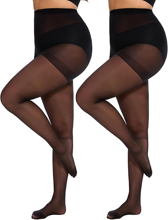 Citystl 2 Pairs Plus Size Sheer Tights for Women - 20D Black Tights Control Top Pantyhose with Reinforced Toes, Supple Feel