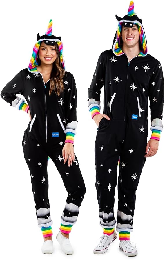 Tipsy Elves Hooded Unicorn Halloween Costume Jumpsuit for Men and Women - Unicorn Onesie with Rainbow Horn, Mane, and Tail