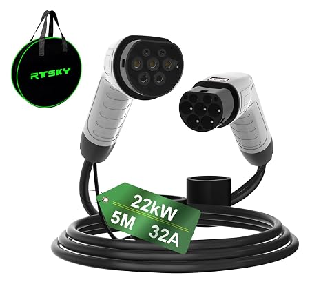 Type 2 EV Charging Cable, 32A / 400V / 22KW / 3 Phase / 5 Meter, Type 2 to Type 2 High-Speed Charging Cable for Electric Vehicles and Plug-in Hybrids