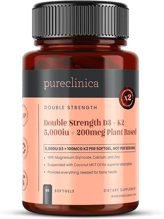 pureclinica Double Strength D3 + K2 Complex x 90 Vegan Softgels 5000 IU D3 + 100mcg K2 with Magnesium, Calcium & Zinc 3 Months Supply