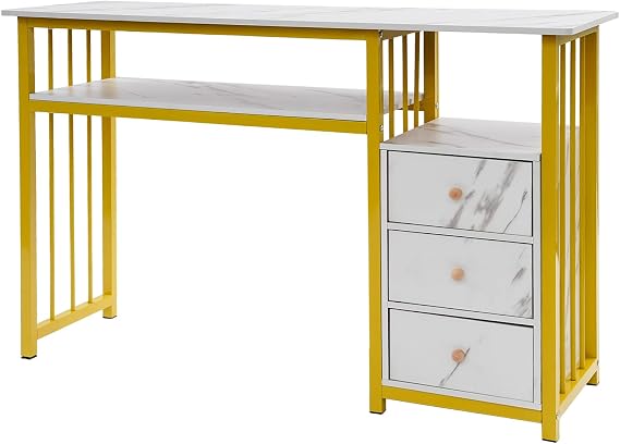 Manicure Tables, Fashionable Marbling Texture Beauty Nail Desk Steel Frame Utility Nail Tech Desk with 3 Drawers Home Salon Spa Equipment for Living Rooms Nail Salons (47.24 x 15.75 x 29.92 in)