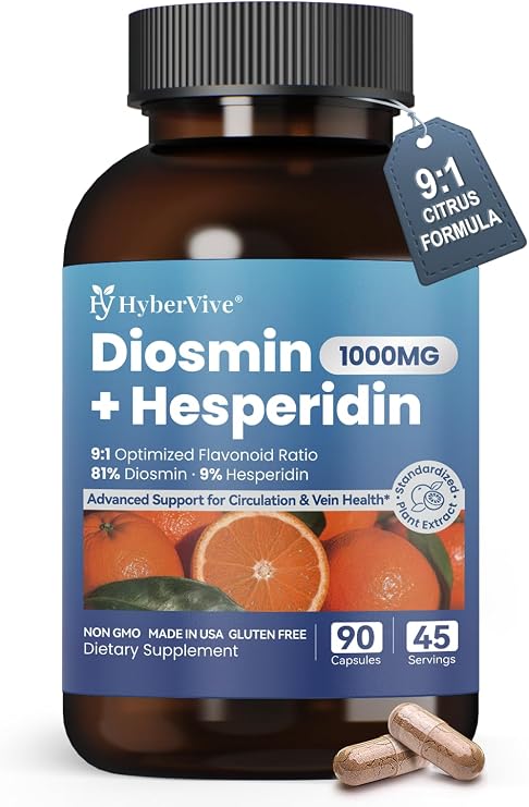 Diosmin Hesperidin 1000mg, High Potency Citrus Bioflavonoids Standardized to 81% Diosmin & 9% Hesperidin, Vein Support & Healthy Circulation, Made in USA, 90 Capsules