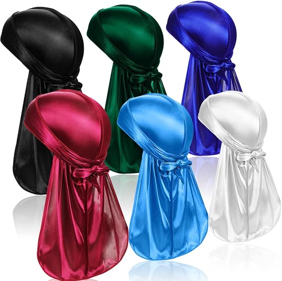 6 Pcs Silky Durag Headwraps Dorag for Men Women Waves, Durags Pack with Long Tail and Wide Straps, 6 Colors