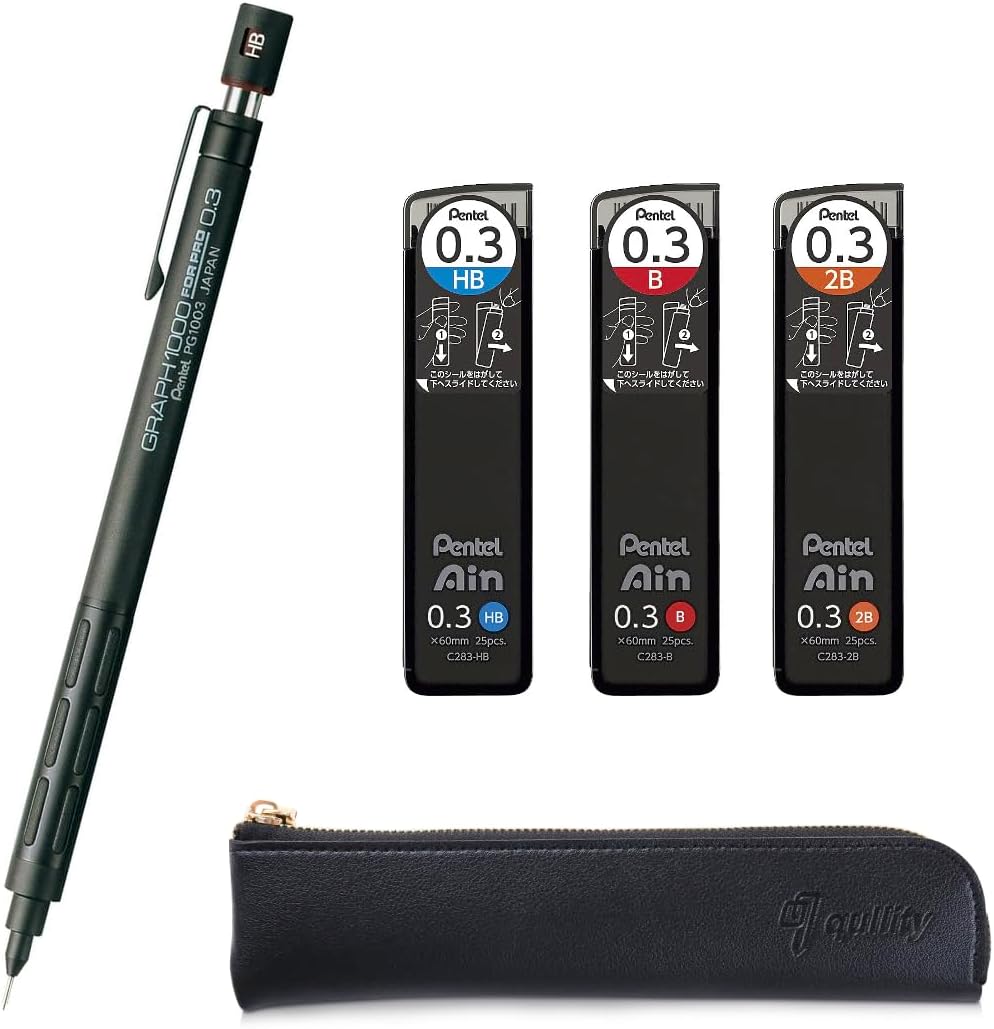 Graph 1000 for Pro Mechanical Drafting Pencil 0.3mm (PG1003) + Ain 0.3 HB/B/2B leads, qullity original Black slim pen case