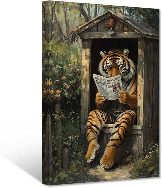 PBXBJY Tiger Canvas Wall Art Wild Animal Pictures Tiger Reading Newspaper in Outdoor Toilet Print Wildlife Painting Poster Farmhouse Cabin Bathroom Decor Framed (12.00" x 18.00")